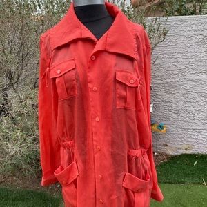 peach button-up shirt